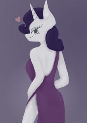 Size: 901x1280 | Tagged: safe, artist:0xinly, rarity, unicorn, anthro, g4, heart, lidded eyes, looking at you, looking back, looking back at you, purple dress, side slit, simple background, smiling, solo, total sideslit