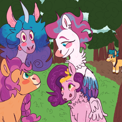 Size: 1080x1080 | Tagged: safe, artist:lovelypidgeon, hitch trailblazer, izzy moonbow, pipp petals, sunny starscout, zipp storm, earth pony, pegasus, pony, unicorn, g5, angry, female, forest, hitch deserves more love, hitch trailblazer is not amused, left out, male, mane five, mare, stallion, tongue out, unamused