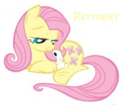 Size: 720x614 | Tagged: safe, artist:lauren faust, fluttershy, earth pony, pony, rabbit, g4, 2009, animal, cropped, cuddling, earth pony fluttershy, lying down, needs more jpeg, prone, show bible, sitting, smiling, solo