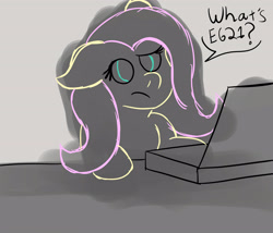 Size: 3500x3000 | Tagged: safe, artist:demitri, fluttershy, pegasus, pony, g4, computer, confused, dialogue, e621, female, frown, fs doesn't know what she's getting into, gray background, head tilt, high res, laptop computer, lineart, mare, newbie artist training grounds, partial color, raised eyebrow, simple background, solo, speech bubble