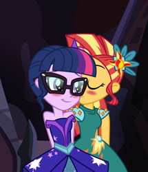 Size: 1024x1188 | Tagged: safe, artist:emeraldblast63, sci-twi, sunset shimmer, twilight sparkle, equestria girls, g4, my little pony equestria girls: legend of everfree, bare shoulders, clothes, crystal ball, dress, female, lesbian, ship:sci-twishimmer, ship:sunsetsparkle, shipping, sleeveless, strapless