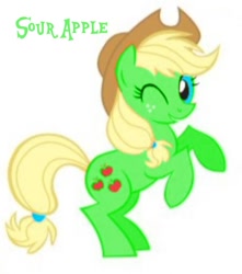 Size: 720x814 | Tagged: safe, artist:lauren faust, edit, editor:pagiepoppie12345, oc, oc only, oc:sour apple, earth pony, pony, bipedal, cowboy hat, female, hat, looking at you, needs more jpeg, not applejack, one eye closed, rearing, recolor, simple background, smiling, solo, the power-up ponies, white background, wink, winking at you