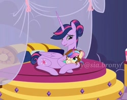 Size: 636x501 | Tagged: safe, artist:sia.brony, twilight sparkle, oc, oc:sia, alicorn, pony, g4, alicorn oc, baby, baby pony, bed, duo, female, filly, hair bun, horn, indoors, lying down, mare, mother and child, mother and daughter, offspring, parent:twilight sparkle, prone, smiling, tail bun, twilight sparkle (alicorn), ultimate twilight, watermark, wings