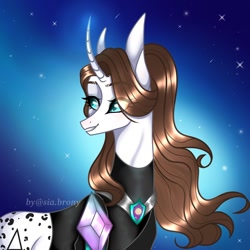 Size: 1000x1000 | Tagged: safe, artist:sia.brony, oc, oc only, pony, unicorn, bust, clothes, curved horn, female, horn, looking back, mare, smiling, solo, space, stars, unicorn oc