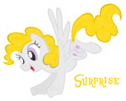 Size: 730x591 | Tagged: safe, artist:lauren faust, edit, editor:pagiepoppie12345, surprise, pegasus, pony, g1, flying, needs more jpeg, recolor, simple background, smiling, solo, the power-up ponies, white background, wings