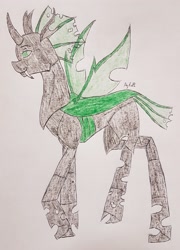 Size: 2263x3139 | Tagged: safe, artist:agdapl, oc, oc only, changeling, changeling oc, fangs, green changeling, high res, male, smiling, solo, traditional art