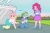 Size: 1280x854 | Tagged: safe, artist:phallen1, fluttershy, pinkie pie, rainbow dash, human, equestria girls, g4, atg 2021, clothes, dialogue, equestria girls-ified, female, humans doing horse things, newbie artist training grounds, pants, pony to human, shirt, skirt, statue, transformed, trio, trio female