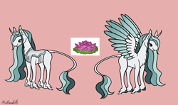 Size: 2530x1500 | Tagged: safe, artist:misskanabelle, oc, oc only, alicorn, pony, unicorn, alicorn oc, curved horn, duo, female, flower, hoof fluff, horn, leonine tail, mare, signature, simple background, smiling, two toned wings, unicorn oc, wings