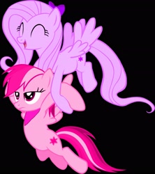 Size: 2383x2678 | Tagged: safe, oc, oc:purple posey, oc:rosy posey, pegasus, pony, bandana, black background, bow, carrying, eyes closed, flying, hair bow, high res, recolor, simple background, smiling, the power-up ponies, unamused, vector