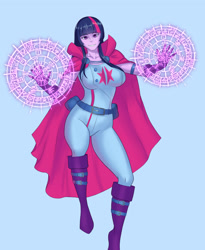 Size: 1280x1563 | Tagged: safe, artist:horizonah, twilight sparkle, equestria girls, g4, belt, big breasts, boots, breasts, busty twilight sparkle, cape, clothes, commission, costume, crossover, doctor strange, female, gloves, grin, high heel boots, magic, shoes, simple background, smiling, solo