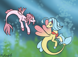 Size: 1526x1128 | Tagged: safe, artist:misskanabelle, princess skystar, oc, oc:pink promenade, hybrid, pony, seapony (g4), g4, duo, female, interspecies offspring, looking back, magical lesbian spawn, mother and child, mother and daughter, offspring, parent:pinkie pie, parent:princess skystar, parents:skypie, seapony oc, signature, underwater