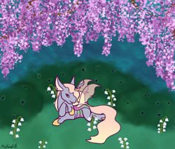 Size: 1750x1500 | Tagged: safe, artist:misskanabelle, oc, oc only, oc:wisteria, changedling, changeling, changepony, hybrid, pony, changedling oc, changedling queen, changeling oc, flower, interspecies offspring, lying down, magical lesbian spawn, offspring, outdoors, parent:princess celestia, parent:queen chrysalis, parents:chryslestia, prone, signature, solo