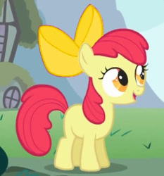 Size: 501x537 | Tagged: safe, edit, edited screencap, screencap, apple bloom, earth pony, pony, call of the cutie, g4, season 1, apple bloom's bow, bow, cropped, female, filly, hair bow, recolor, smiling, solo