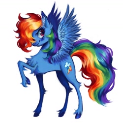 Size: 1576x1576 | Tagged: safe, artist:gurlexdee, rainbow dash, pegasus, pony, chest fluff, female, mare, raised hoof, simple background, smiling, smirk, solo, spread wings, unshorn fetlocks, white background, wings