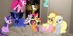 Size: 3264x1632 | Tagged: safe, apple bloom, applejack, derpy hooves, fluttershy, gilda, lyra heartstrings, nightmare moon, pinkie pie, scootaloo, sweetie belle, twilight sparkle, earth pony, griffon, pegasus, pony, unicorn, g4, apple bloom's bow, applejack's hat, belly, bipedal, bow, cowboy hat, cutie mark crusaders, female, filly, hair bow, hat, high res, irl, mare, meme, photo, ponies in real life, sitting, sitting lyra, unicorn twilight