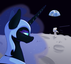 Size: 2000x1800 | Tagged: safe, artist:aquaticvibes, nightmare moon, alicorn, human, pony, g4, aeiou, astronaut, atg 2021, earth, female, luna and the nauts, mare, moon, moonbase alpha, newbie artist training grounds, on the moon, planet, space, spacesuit, unamused