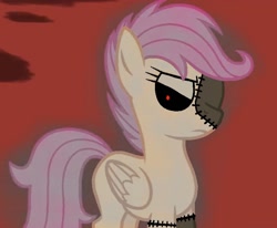 Size: 924x762 | Tagged: safe, scootaloo, pegasus, pony, g4, female, frankenstein, looking at you, missing eye, red eyes, solo, stitched body, stitches, unamused, wings, zalgo