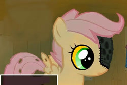 Size: 400x267 | Tagged: safe, scootaloo, pegasus, pony, g4, .exe, disfigured, female, filly, hole, looking down, missing eye, solo, stitched body, stitches, trypophobia, wings