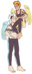 Size: 2200x4960 | Tagged: safe, artist:monnarcha, fleetfoot, spitfire, human, g4, alternate hairstyle, barefoot, belly button, blushing, clothes, commission, eyes closed, feet, female, fleetfire, gritted teeth, high res, humanized, lesbian, muscles, nail polish, nonbinary, pants, shipping, simple background, sports bra, sweatpants, tattoo, toenail polish, transparent background, winged humanization, wings
