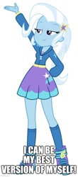 Size: 500x1135 | Tagged: safe, trixie, equestria girls, equestria girls specials, g4, my little pony equestria girls: better together, my little pony equestria girls: forgotten friendship, female, hand on hip, lidded eyes, raised hand, smiling, solo, text