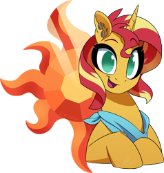 Size: 2207x2321 | Tagged: safe, artist:light262, sunset shimmer, pony, unicorn, g4, bandana, bust, cute, cutie mark, cutie mark background, ear fluff, ear piercing, female, high res, leg fluff, looking at you, mare, neckerchief, no pupils, open mouth, piercing, shimmerbetes, solo