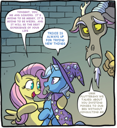 Size: 750x818 | Tagged: safe, edit, idw, discord, fluttershy, trixie, g4, bisexual, comic, dialogue, female, hoof on shoulder, implied sex, lesbian, male, polyamory, shipping, sluttershy, speech bubble, straight, text edit, trio, trixifluttercord