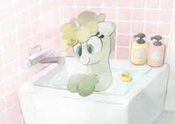 Size: 2048x1446 | Tagged: safe, artist:mochi_nation, oc, oc only, oc:flannel tea, pony, unicorn, bath, bathtub, cute, female, mare, rubber duck, solo, steam