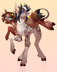 Size: 2536x3208 | Tagged: safe, artist:ohhoneybee, oc, oc only, oc:kloh, oc:maxwell, earth pony, pony, coat markings, facial markings, female, gradient background, high res, horns, mare, star (coat marking)