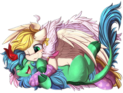Size: 3509x2650 | Tagged: safe, artist:pridark, oc, oc only, oc:exist, oc:lex rudera, griffequus, hybrid, kirin, pegasus, pony, blushing, clothes, cloven hooves, cuddling, cute, eyebrows, eyebrows visible through hair, eyes closed, feather, floppy ears, gay, glasses, high res, horn, kirin oc, lying down, male, on back, one eye closed, open mouth, paws, simple background, smiling, socks, spread wings, tickling, transparent background, wings
