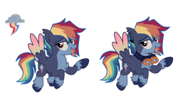Size: 1280x706 | Tagged: safe, artist:vat7k, rainbow dash, pegasus, pony, g4, chest fluff, colored wings, female, goggles, gradient wings, mare, multicolored wings, rainbow wings, redesign, solo, unshorn fetlocks, wings
