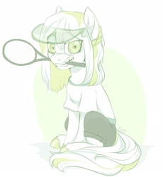Size: 1984x2160 | Tagged: safe, artist:megabait, oc, oc only, earth pony, pony, aggression, baseball cap, cap, clothes, earth pony oc, female, gritted teeth, hat, high res, mare, mouth hold, shirt, shorts, sitting, sketch, solo, sports, t-shirt, tennis, tennis racket