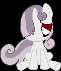 Size: 900x1056 | Tagged: safe, sweetie belle, pony, unicorn, g4, one bad apple, .exe, black background, black goo, black tears, eyeshadow, female, gray eyes, hair over one eye, makeup, red eyeshadow, sadness, simple background, sitting, vector