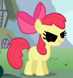 Size: 501x537 | Tagged: safe, edit, edited screencap, screencap, apple bloom, earth pony, pony, call of the cutie, g4, season 1, .exe, 1000 hours in ms paint, apple bloom's bow, black sclera, bow, evil, female, hair bow, looking at you, red eyes, smiling, solo, zalgo