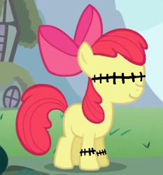 Size: 501x537 | Tagged: safe, edit, edited screencap, screencap, apple bloom, earth pony, pony, call of the cutie, g4, season 1, .exe, 1000 hours in ms paint, bow, female, hair bow, smiling, solo, stitched body, stitched eyes, stitches