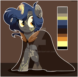 Size: 1280x1268 | Tagged: safe, artist:petruse4ka, oc, oc only, pony, unicorn, cape, clothes, deviantart watermark, eyelashes, frown, glowing horn, horn, obtrusive watermark, raised hoof, reference sheet, solo, tattoo, unicorn oc, watermark