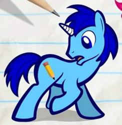 Size: 565x579 | Tagged: safe, artist:pagiepoppie12345, pony, unicorn, colored pupils, horn, male, open mouth, pencil, pencilmate, pencilmation, ponified, rule 85, solo, stallion