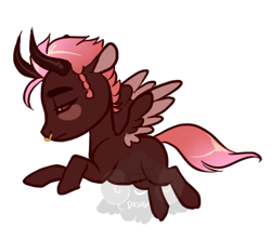 Size: 450x400 | Tagged: safe, artist:lavvythejackalope, oc, oc only, pegasus, pony, blush sticker, blushing, horns, nose piercing, nose ring, pegasus oc, piercing, simple background, solo, two toned wings, white background, wings