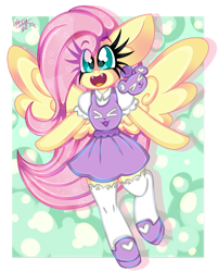 Size: 1280x1595 | Tagged: safe, artist:ladylullabystar, fluttershy, pegasus, semi-anthro, g4, >.<, arm hooves, big ears, clothes, cute, dress, eye clipping through hair, fangs, long eyelashes, open mouth, shoes, shyabetes, simple background, solo, stockings, thigh highs, transparent background