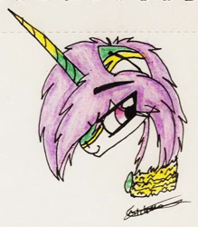 Size: 667x762 | Tagged: safe, artist:beamybutt, oc, oc only, pony, unicorn, bust, horn, signature, smiling, solo, traditional art, unicorn oc