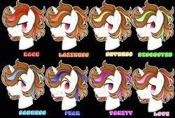 Size: 1596x1080 | Tagged: safe, artist:jvartes6112, oc, oc only, oc:jv6112, pony, unicorn, angry, black background, blush sticker, blushing, disgusted, expressions, grin, horn, male, nervous, scared, simple background, smiling, smirk, stallion, unicorn oc