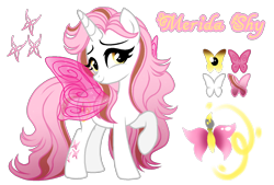 Size: 1596x1080 | Tagged: safe, artist:jvartes6112, oc, oc only, oc:merida shy, alicorn, butterfly, pony, alicorn oc, butterfly wings, eyelashes, female, horn, mare, offspring, parent:fluttershy, parent:oc:jv6112, parents:canon x oc, raised hoof, reference sheet, simple background, smiling, solo, transparent background, wings