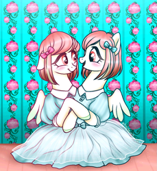 Size: 1035x1129 | Tagged: safe, artist:jvartes6112, oc, oc only, pegasus, pony, adoracreepy, blushing, bow, clothes, conjoined, conjoined twins, creepy, cute, dress, duo, eyelashes, flora and fauna amor, hair bow, hug, pegasus oc, siblings, smiling, the addams family, twins, wings