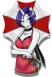 Size: 1080x1596 | Tagged: safe, artist:jvartes6112, rarity, unicorn, anthro, g4, ada wong, bust, choker, clothes, cosplay, costume, crossed arms, gun, horn, makeup, one eye closed, resident evil, simple background, smiling, solo, transparent background, weapon, wink