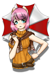 Size: 1080x1596 | Tagged: safe, artist:jvartes6112, fluttershy, pegasus, anthro, g4, ashley graham, breasts, bust, busty fluttershy, clothes, cosplay, costume, resident evil, simple background, solo, transparent background, wingless, wingless anthro