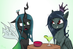 Size: 2000x1343 | Tagged: safe, artist:chopsticks, queen chrysalis, oc, oc:lustrous (shawn keller), changeling, changeling queen, pegasus, pony, guardians of pondonia, g4, alcohol, bowl, cheek fluff, chest fluff, crown, duo, duo female, fangs, female, frown, grin, heart, jewelry, lime, looking at each other, mare, margarita, open mouth, pegasus oc, regalia, simple background, sitting, smiling, white background