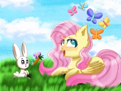 Size: 2160x1620 | Tagged: safe, artist:galaxy swirl, angel bunny, fluttershy, butterfly, pegasus, pony, rabbit, g4, animal, carrot, duo, ear fluff, female, food, grass, lying down, male, mare, outdoors, prone, sky