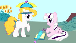 Size: 638x360 | Tagged: safe, edit, surprise, twilight, pegasus, pony, unicorn, feeling pinkie keen, g1, g4, 2009, book, confused, duo, g1 to g4, generation leap, hat, show bible, show pilot, smiling, stars, start of ponies, umbrella, umbrella hat, wings