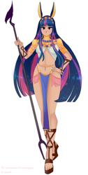 Size: 1008x2000 | Tagged: safe, artist:xjenn9, twilight sparkle, human, g4, egyptian, fate (series), fate grand order, female, humanized, loincloth, nitocris (fate), outfit, simple background, solo, staff, white background