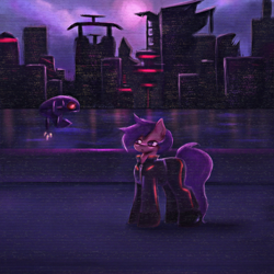 Size: 3000x3000 | Tagged: safe, alternate version, artist:menalia, oc, oc only, unnamed oc, earth pony, pony, robot, aesthetics, bridge, city, clothes, cloud, emotionless, female, flying, gloves, high res, highway, jacket, mare, neon, night, pants, shoes, solo, sun, vhs, water