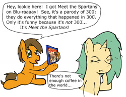 Size: 1280x990 | Tagged: safe, artist:ebbysharp, oc, oc only, oc:ebbysharp, earth pony, pony, 300, duo, female, male, meet the spartans, naruto the abridged series, parody, simple background, speech bubble, white background